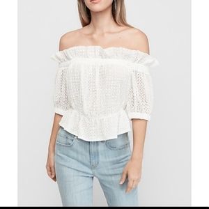Express Off the Shoulder Ruffle Eyelet Lace Cropped Top In White Sz S